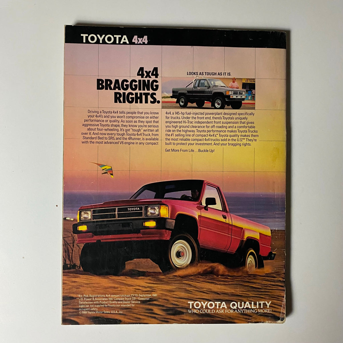 Back cover of Playboy Magazine July 1988 featuring a vintage advertisement for Toyota 4x4 trucks.