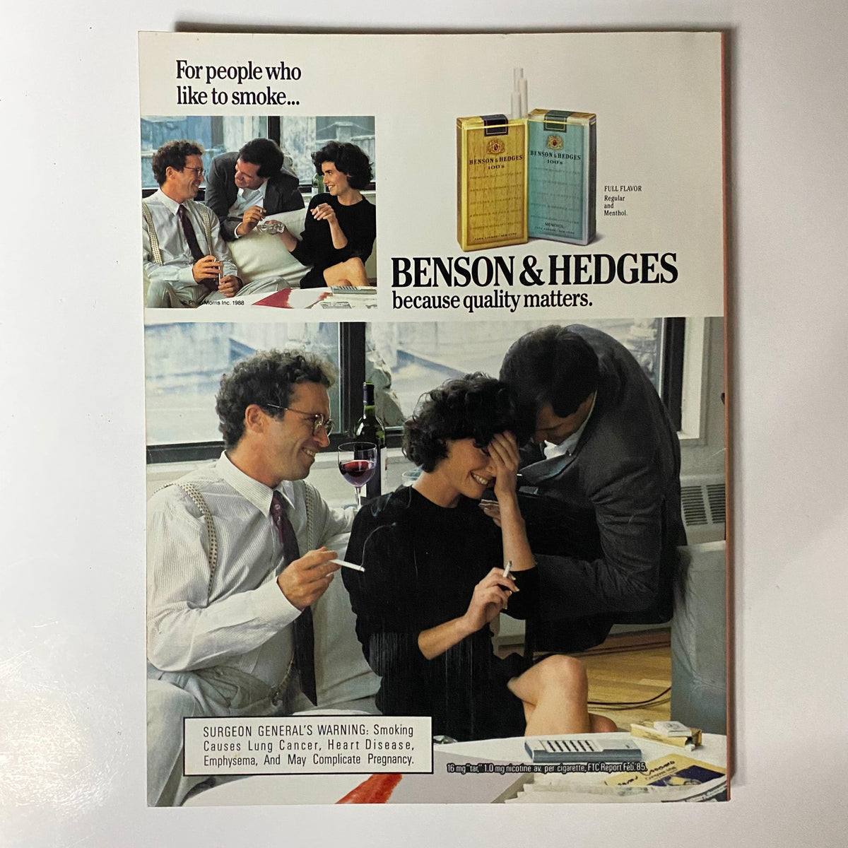 Advertisment page from Playboy Magazine September 1988 for Benson & Hedges cigarettes, depicting a social scene with three people enjoying a conversation.
