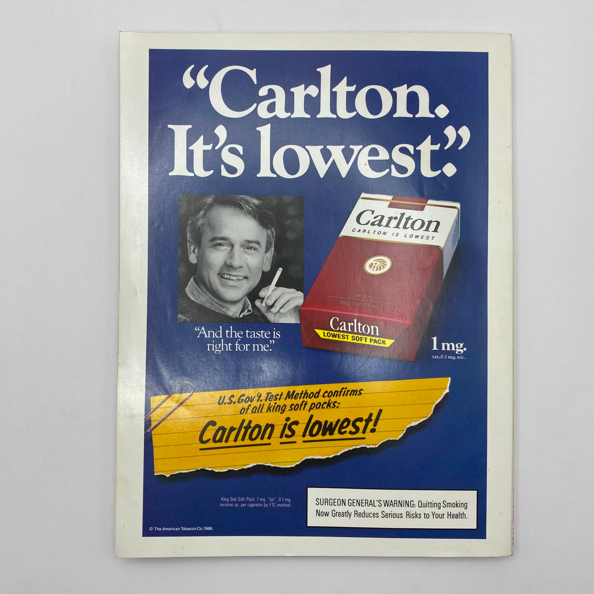 Advertisement page from Playboy Magazine October 1988 promoting Carlton cigarettes, highlighting the slogan 'Carlton. It’s lowest.'