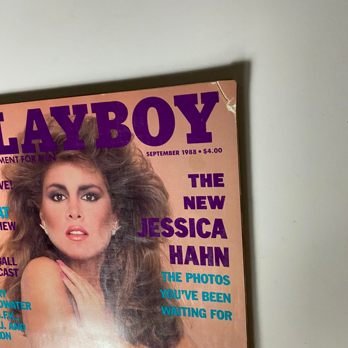 Close-up detail of Playboy Magazine September 1988 cover highlighting the iconic image of Jessica Hahn with bold headlines and pricing information.