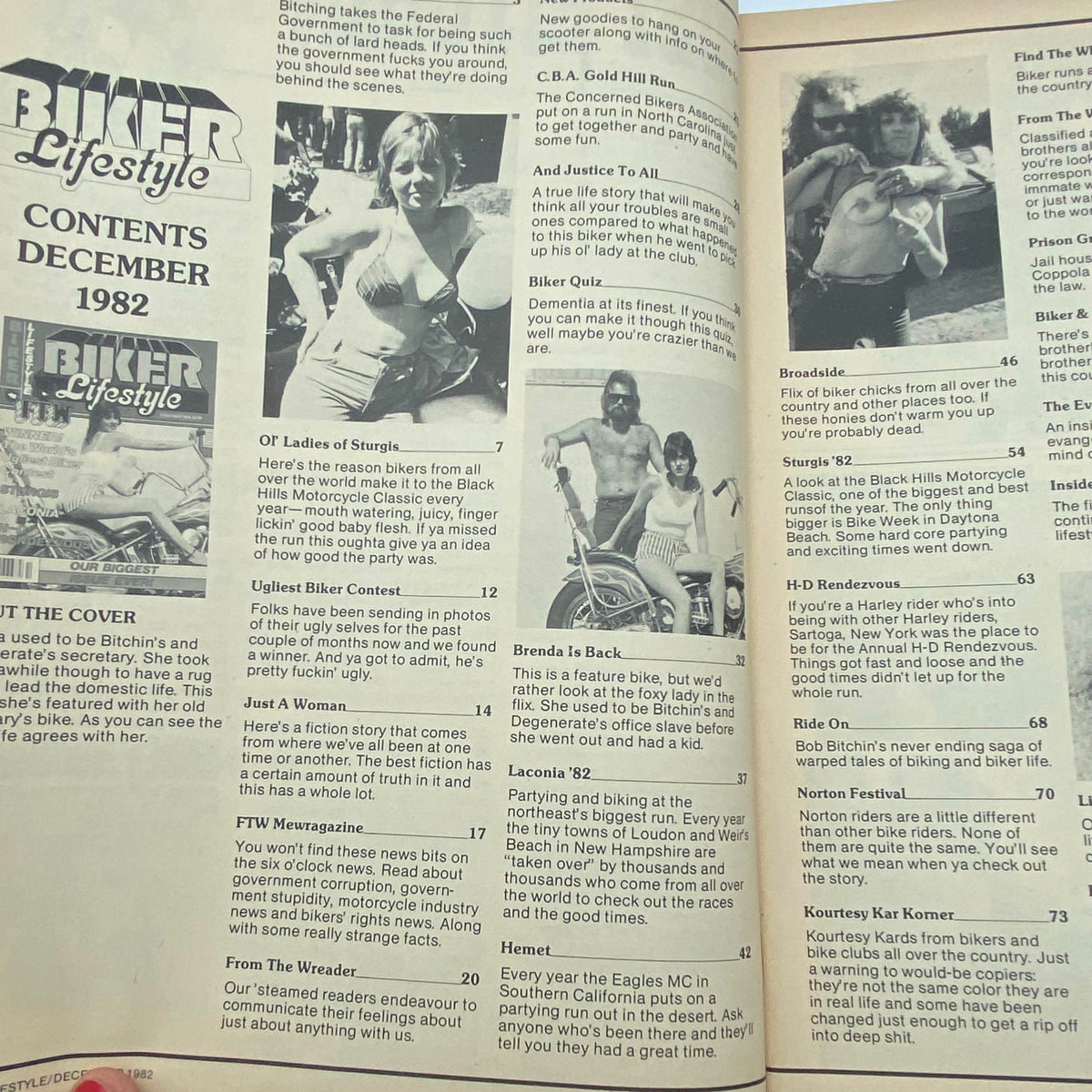 Interior page of the December 1982 VTG Biker Lifestyle Magazine, showcasing the table of contents with images and articles about the biker lifestyle.