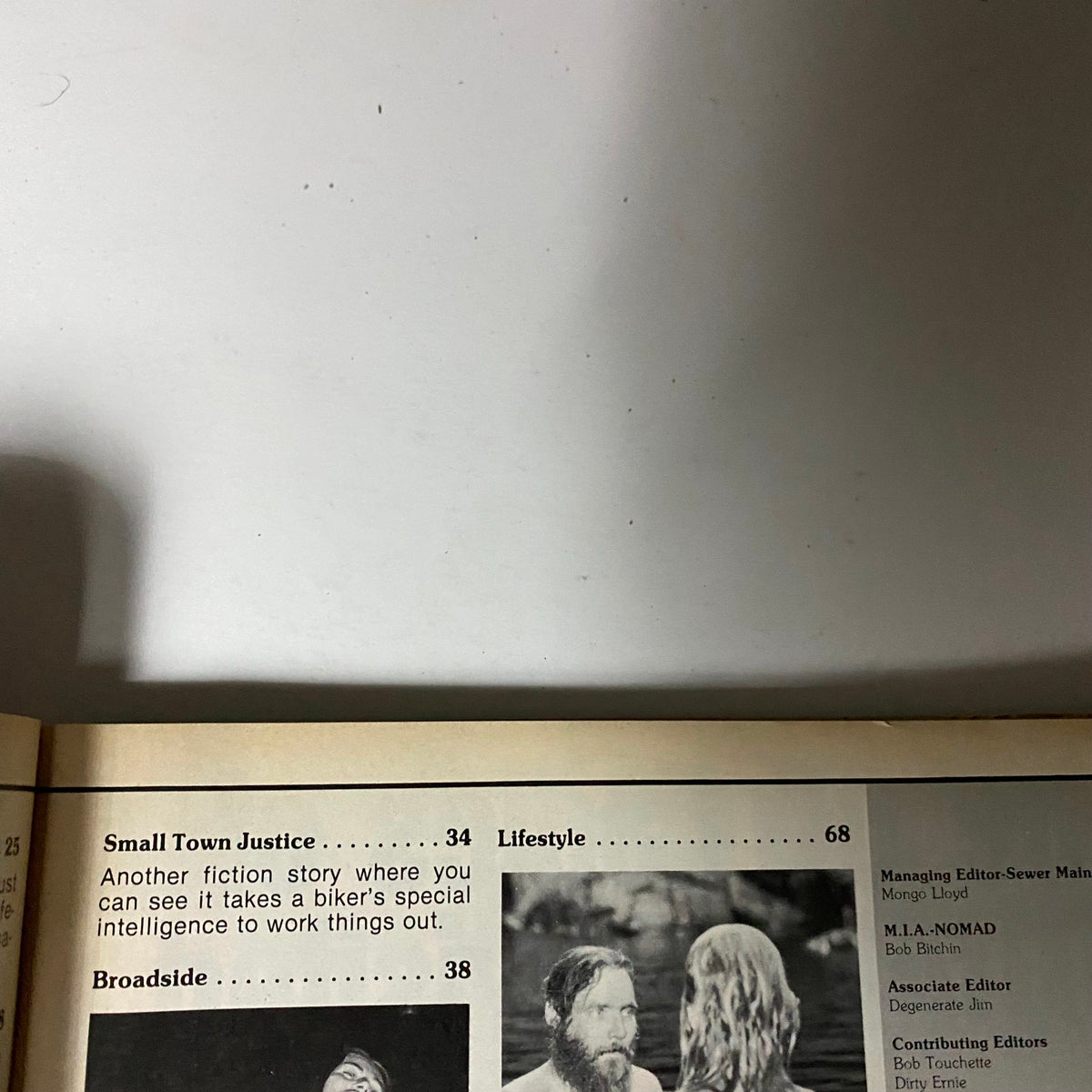 Contents from VTG Biker Lifestyle Magazine February 1985 showcasing articles like Small Town Justice and Lifestyle sections featuring everyday bikers. Title: 'VTG Biker Lifestyle Magazine February 1985 Paula Strikes Again No Label'.