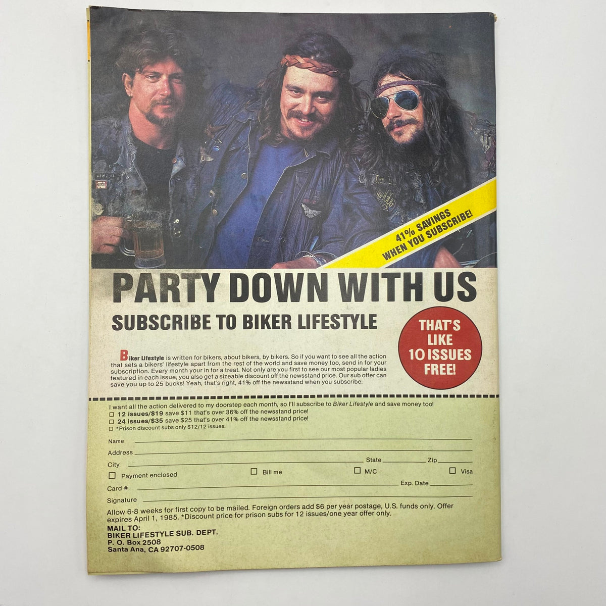 Subscription advertisement for VTG Biker Lifestyle Magazine February 1985, encouraging readers to join the biker community with special offers. Title: 'VTG Biker Lifestyle Magazine February 1985 Paula Strikes Again No Label'.