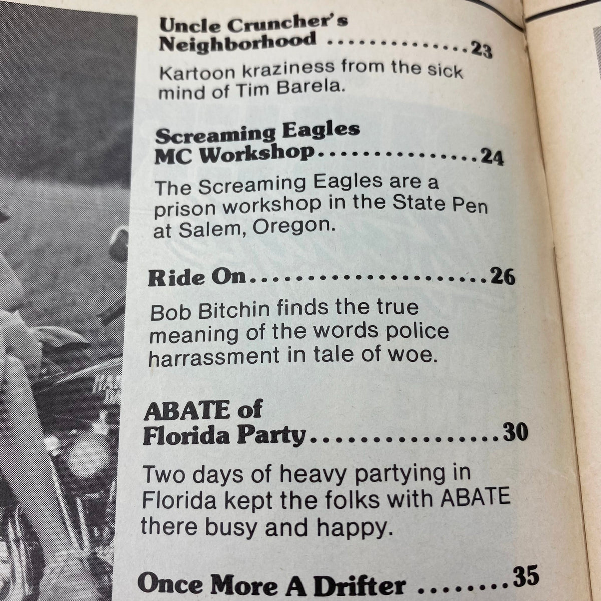 VTG Biker Lifestyle Magazine May 1984 Vol 4 #5 showing a list of articles and features including 'Uncle Cruncher's Neighborhood' and 'ABATE of Florida Party'.