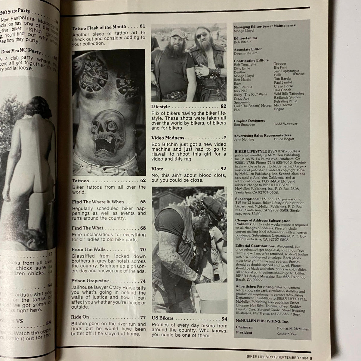 VTG Biker Lifestyle Magazine September 1984 features artwork of biker tattoos and articles about the biker lifestyle, showcasing a blend of culture and personal expression.
