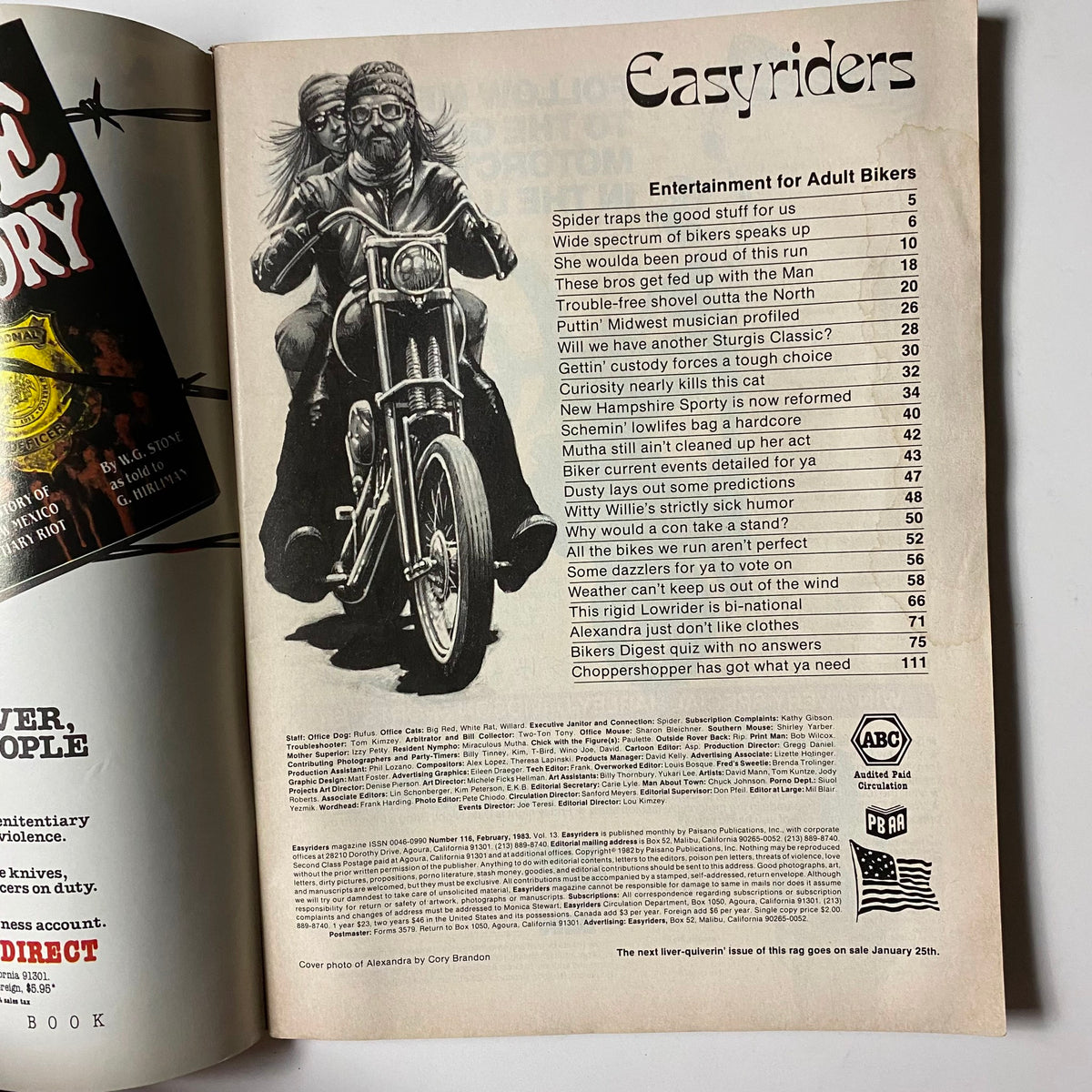 Interior page of VTG Easyriders Magazine February 1983 showcasing contents and features related to motorcycle lifestyle and bikers.