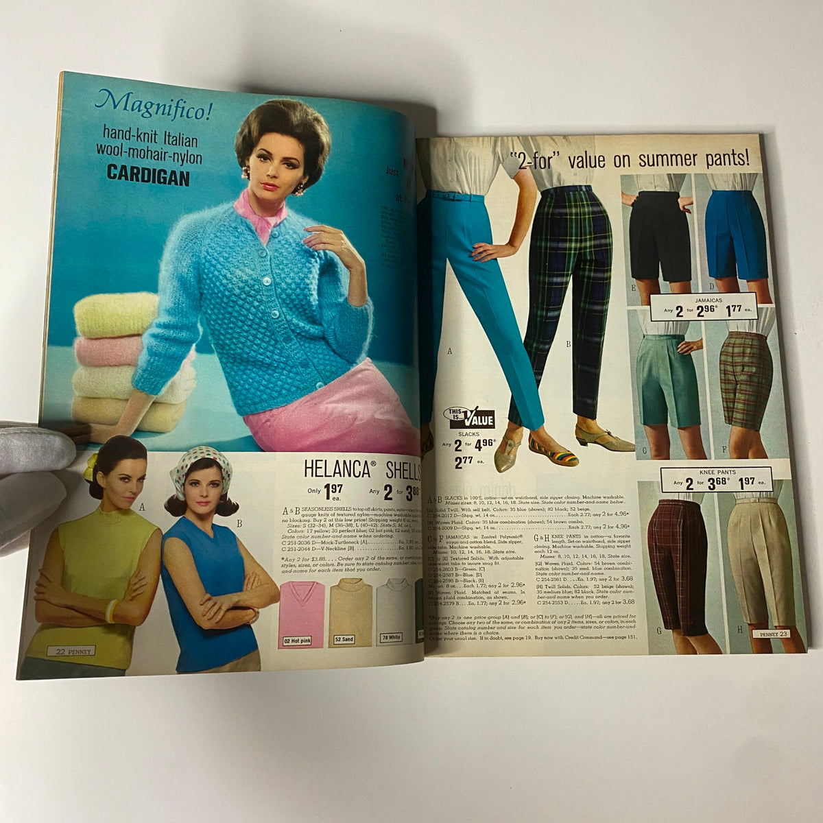 Inside spread of the 1965 JC Penneys Summer Store Catalog featuring a woman in a fluffy blue cardigan and summer pants along with assorted women's tops and pants emphasizing 1960s fashion.