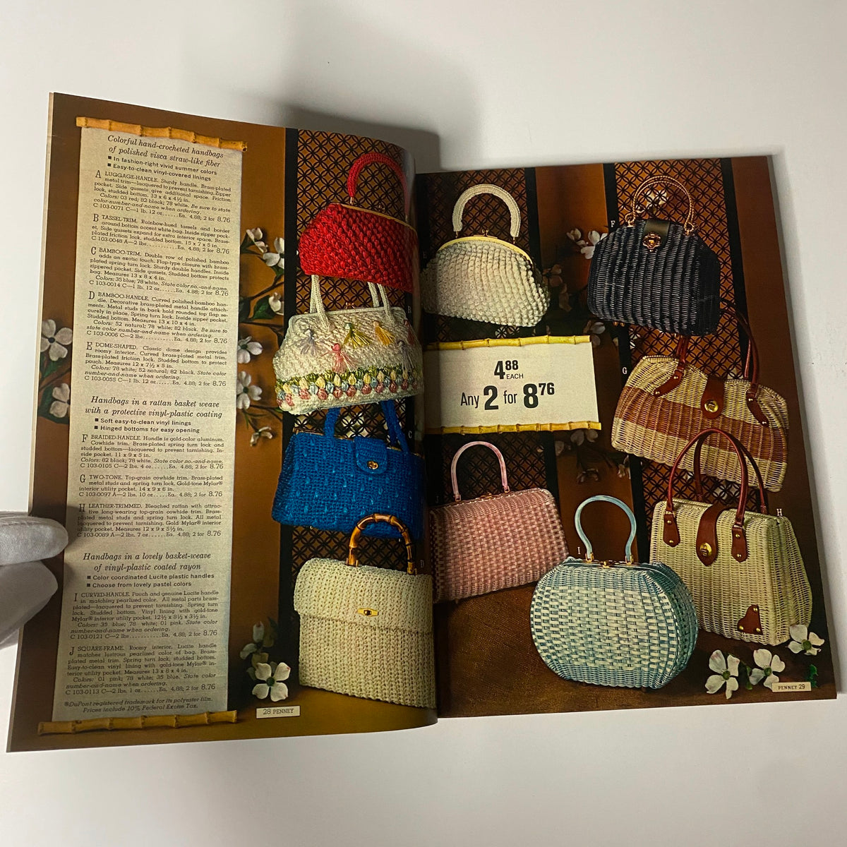 Inside spread of the 1965 JC Penneys Summer Store Catalog displaying a variety of colorful hand-crocheted handbags on a decorative background, promoting summer accessories.