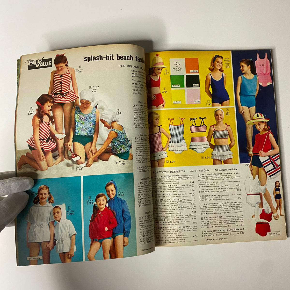 1965 JC Penneys Summer Store Catalog displaying fun beach fashion for girls, showcasing swimsuits and playful swim attire for summer activities.