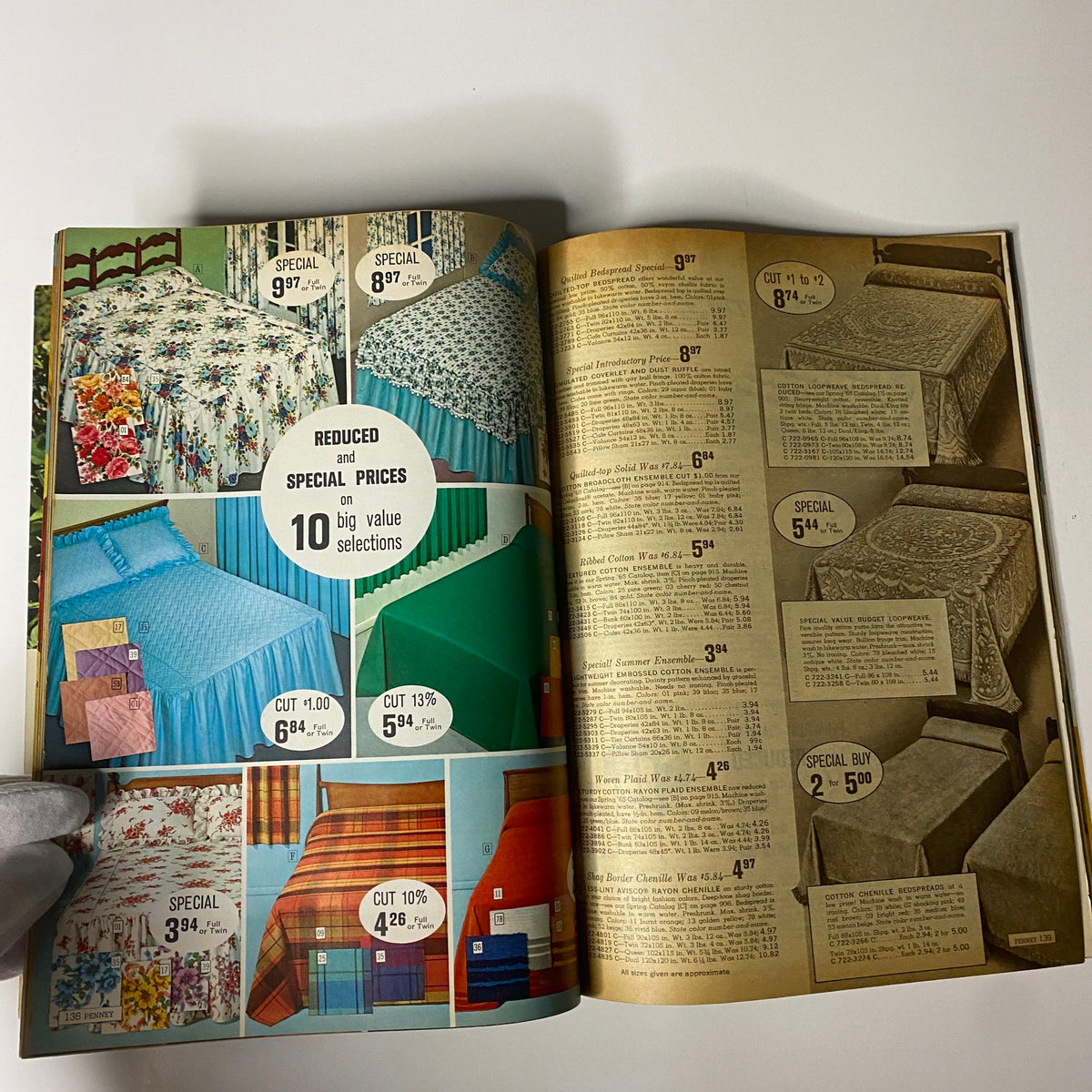 Inside page from the 1965 JC Penneys Summer Store Catalog showcasing various bedspreads and bedding items with reduced prices, featuring vibrant colors and patterns.