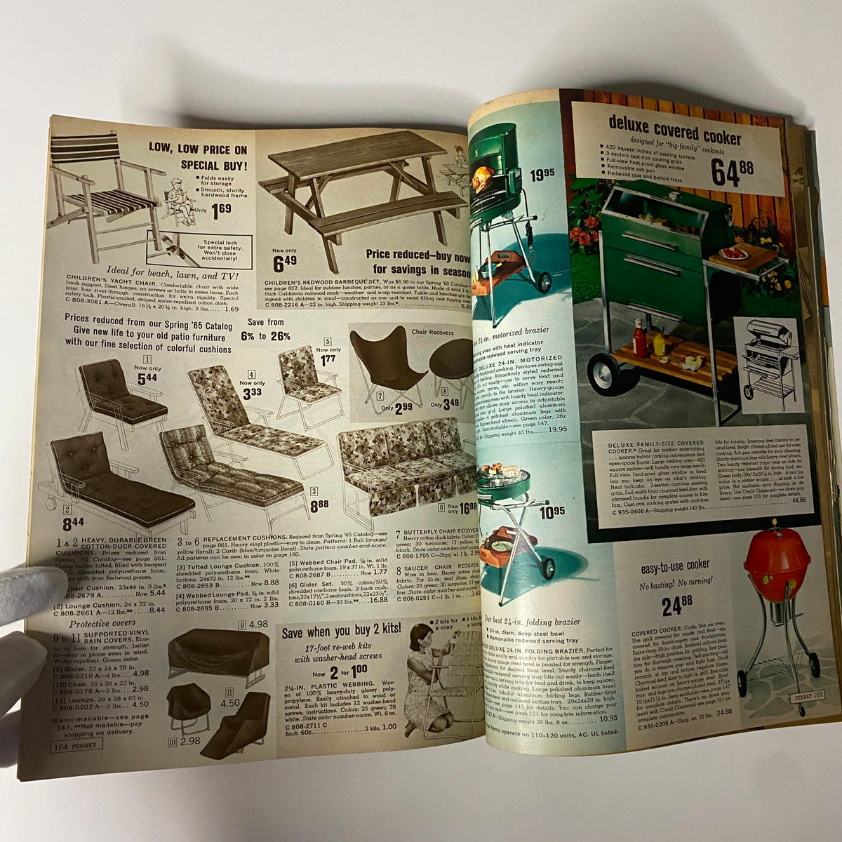 Product offerings in the 1965 JC Penneys Summer Store Catalog featuring outdoor furniture, a deluxe covered cooker, and special buys for summer gatherings.