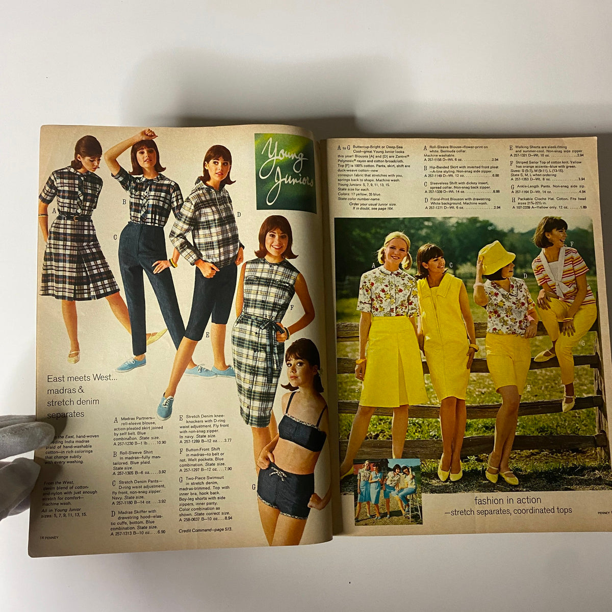 Another spread from the 1965 JC Penneys Spring and Summer Store Catalog featuring young women's clothing styles, including casual outfits and coordinated tops in bright colors.