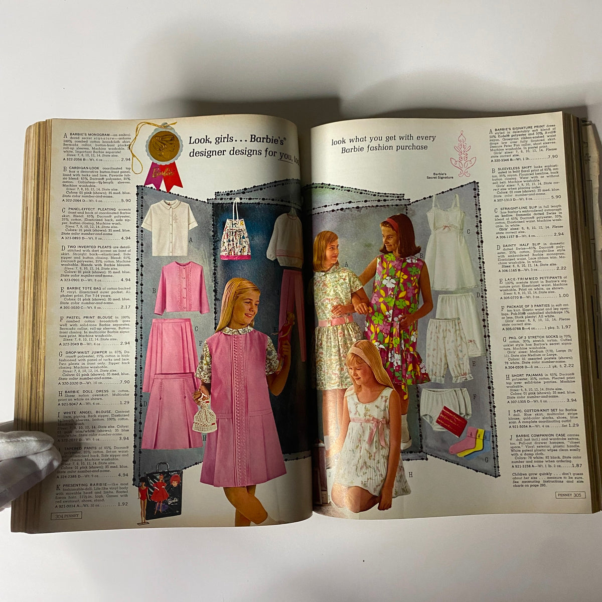 1965 JC Penneys Spring and Summer Store Catalog displaying Barbie's designer fashion collection, showcasing children's clothing and accessories of the era.