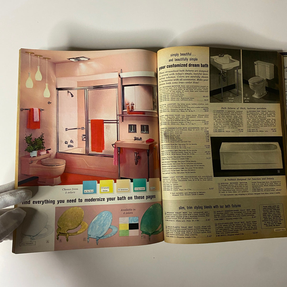 1965 JC Penneys Spring and Summer Store Catalog showcasing a modern bathroom design with decorative fixtures and color options for bath accessories.