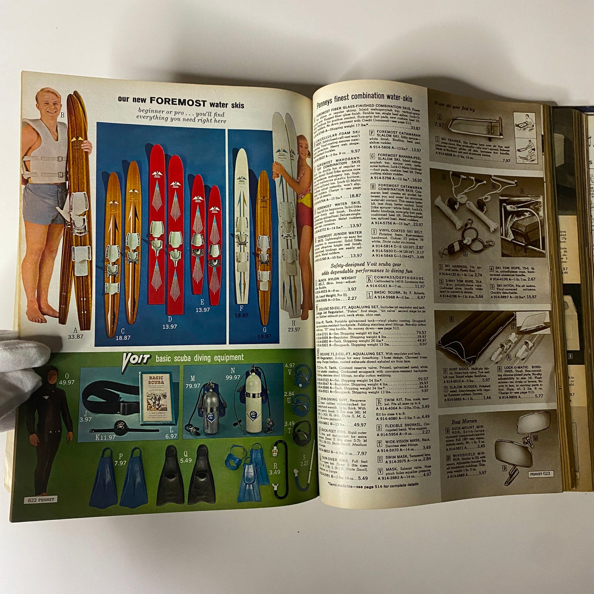 1965 JC Penneys Spring and Summer Store Catalog highlighting water skiing equipment, featuring water skis and scuba diving gear for summer fun.