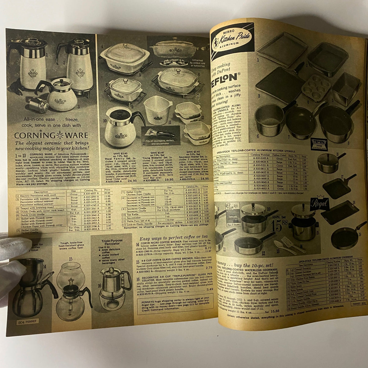 1965 JC Penneys Spring and Summer Store Catalog displaying Corning Ware and kitchen utensils with a focus on modern cooking solutions.