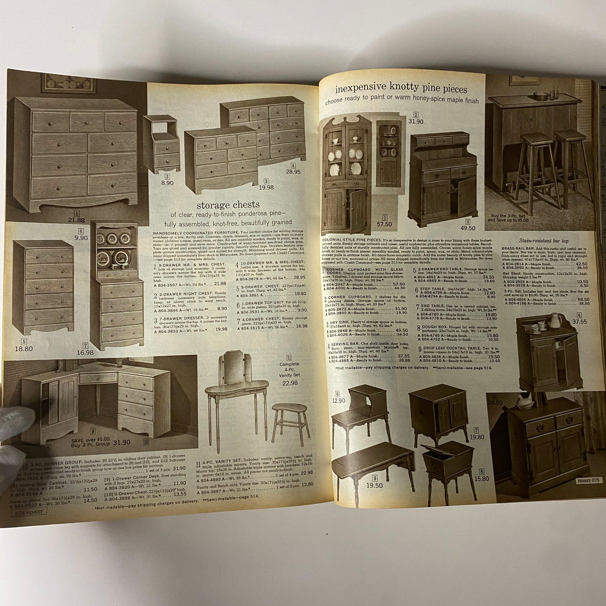 1965 JC Penneys Spring and Summer Store Catalog showcasing various storage chests and furniture pieces. It features price listings for clear, ready-to-finish pine furniture items, highlighting American mid-century design.