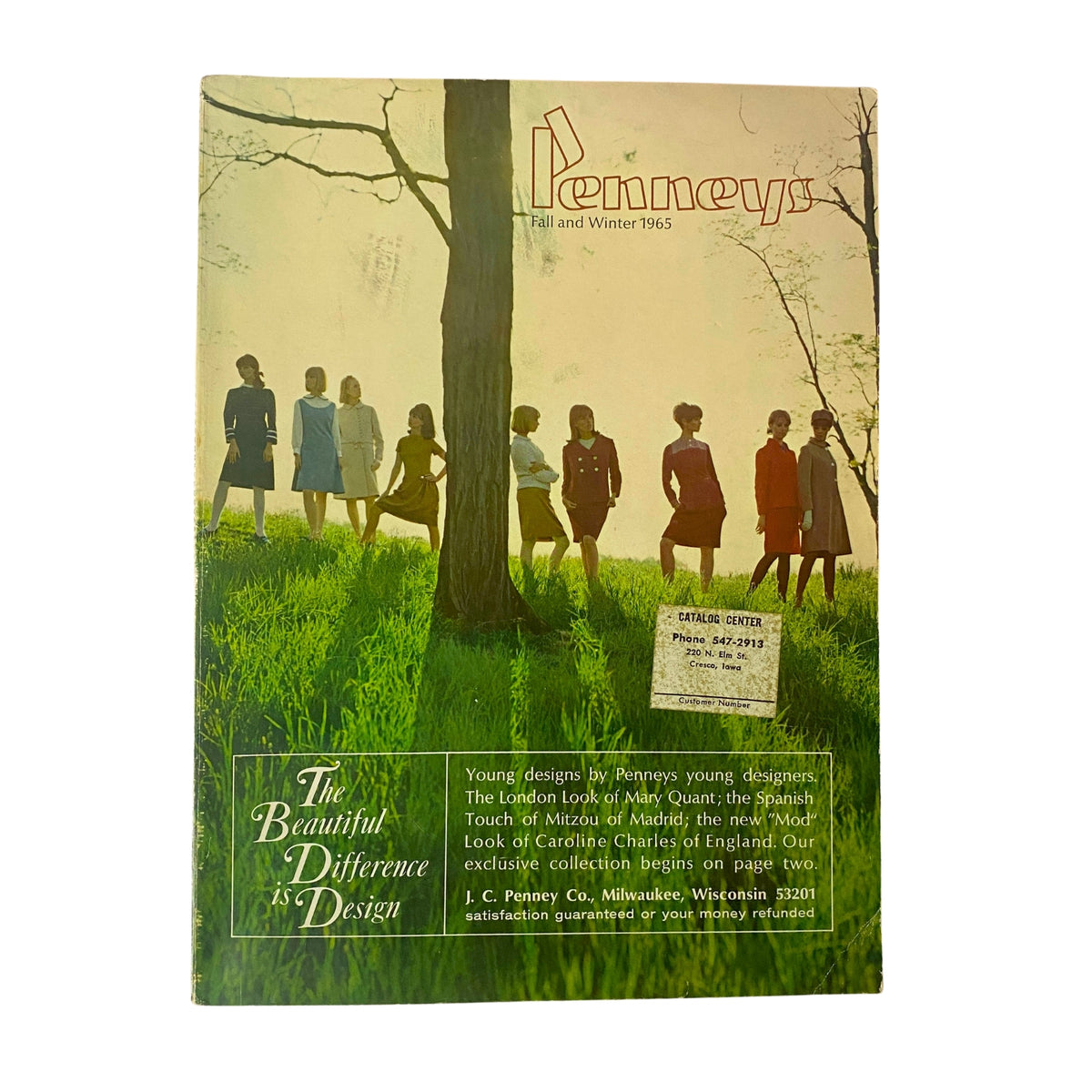 Cover of the 1965 JC Penneys Fall and Winter Store Catalog featuring models in mid-century fashion standing in a grassy area, showcasing the style of the era. The catalog emphasizes young designs and includes information about the collection and ordering from J.C. Penney.