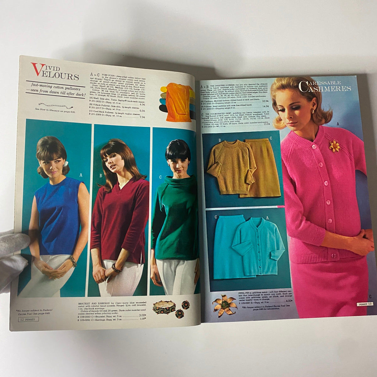 Colorful page from the 1965 JC Penneys Fall and Winter Store Catalog featuring vibrant velour and cashmere apparel for women, portraying mid-century fashion.