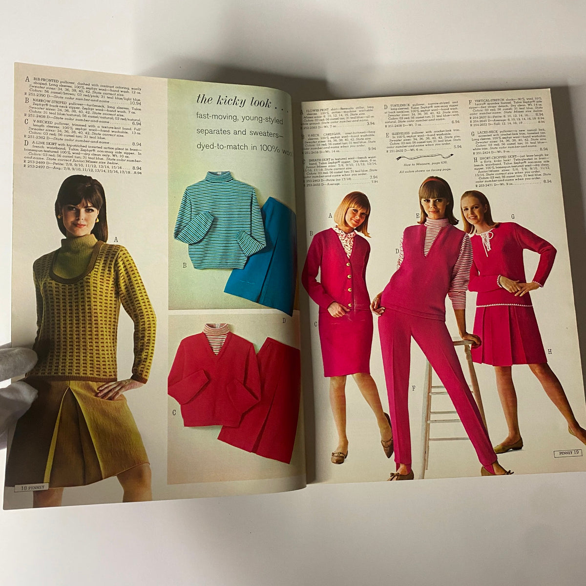 Fashion layout in the 1965 JC Penneys Fall and Winter Store Catalog showcasing stylish separates and sweaters, emphasizing youthful styles and bright colors.