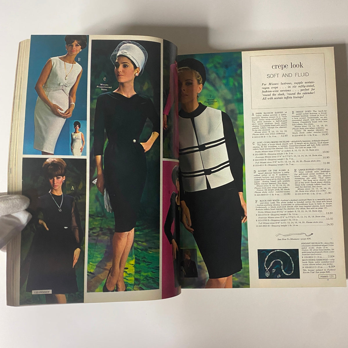 Elegant page from the 1965 JC Penneys Fall and Winter Store Catalog featuring sophisticated dresses and accessories, reflecting the sophisticated style of the 1960s.