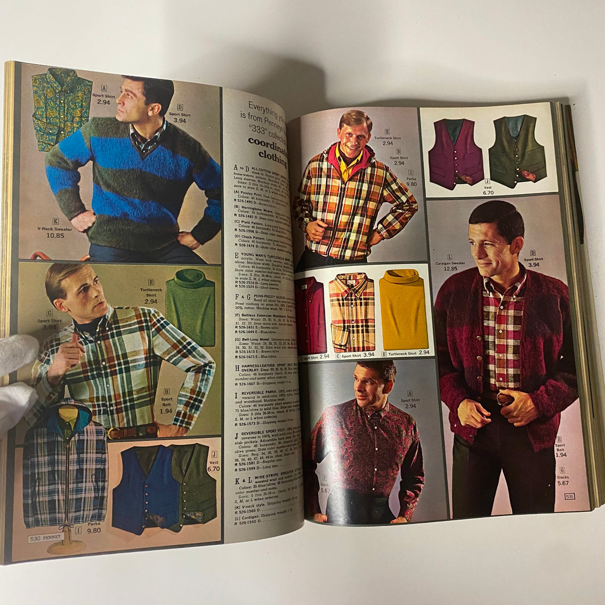 1965 JC Penneys Fall and Winter Store Catalog page featuring men's clothing options such as vests, shirts, and sweaters with bold colors and patterns.
