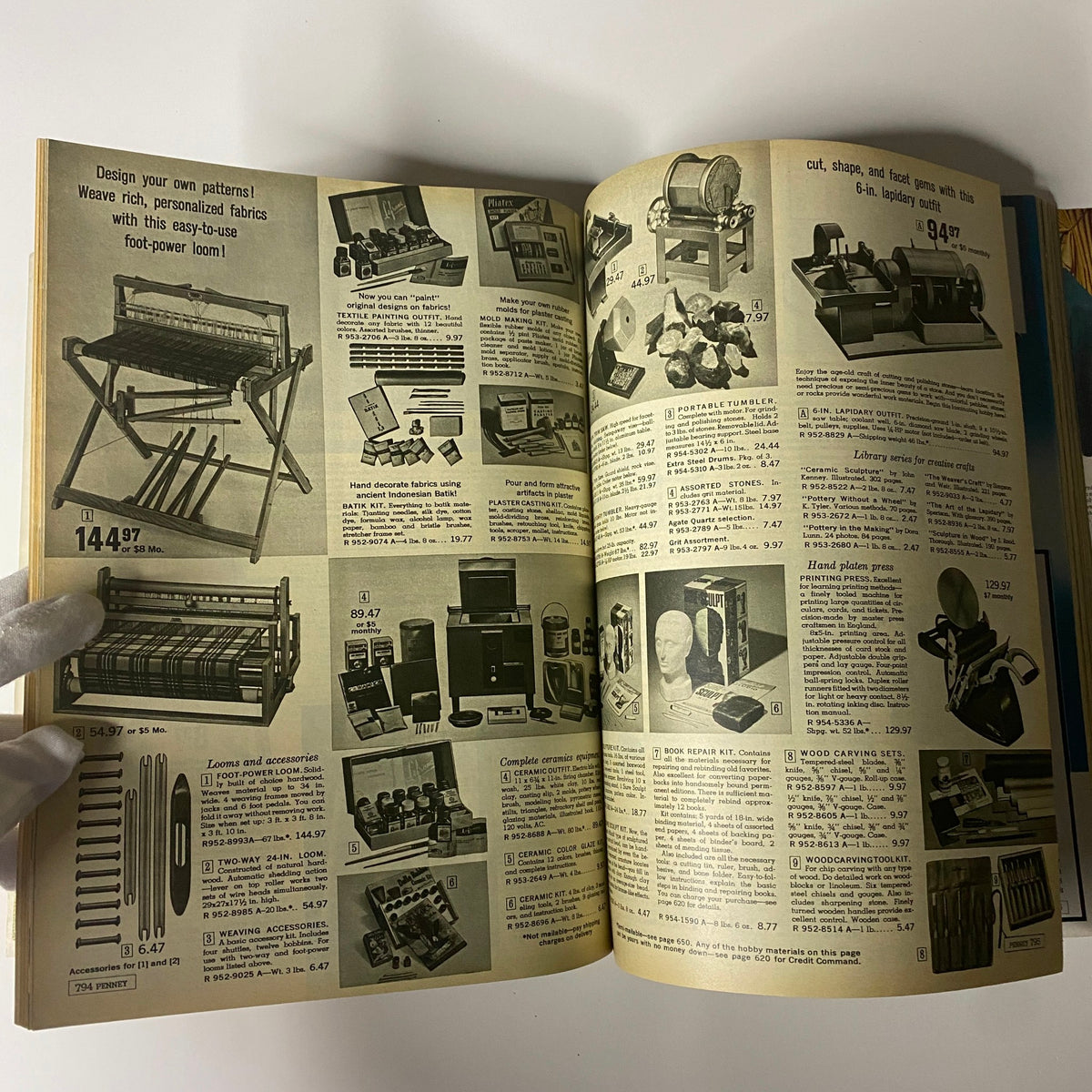 Page from the 1965 JC Penneys Fall and Winter Store Catalog showcasing various tools and crafts including a foot-power loom, pottery kits, and home decor items.