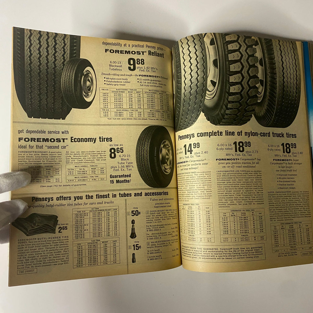 Page from the 1965 JC Penneys Fall and Winter Store Catalog highlighting different tire options and accessories for cars, including prices for economy tires and truck tires.