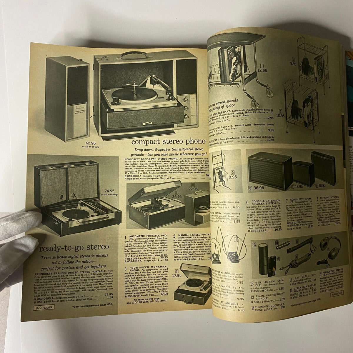 Page from the 1965 JC Penneys Fall and Winter Store Catalog featuring compact stereo phonographs and other audio equipment, showcasing prices and product descriptions.