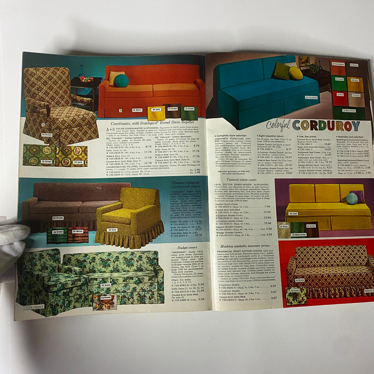 Colorful page from the 1965 JC Penneys Fall and Winter Store Catalog displaying various furniture covers featuring bright colors and patterns for sofas and chairs.