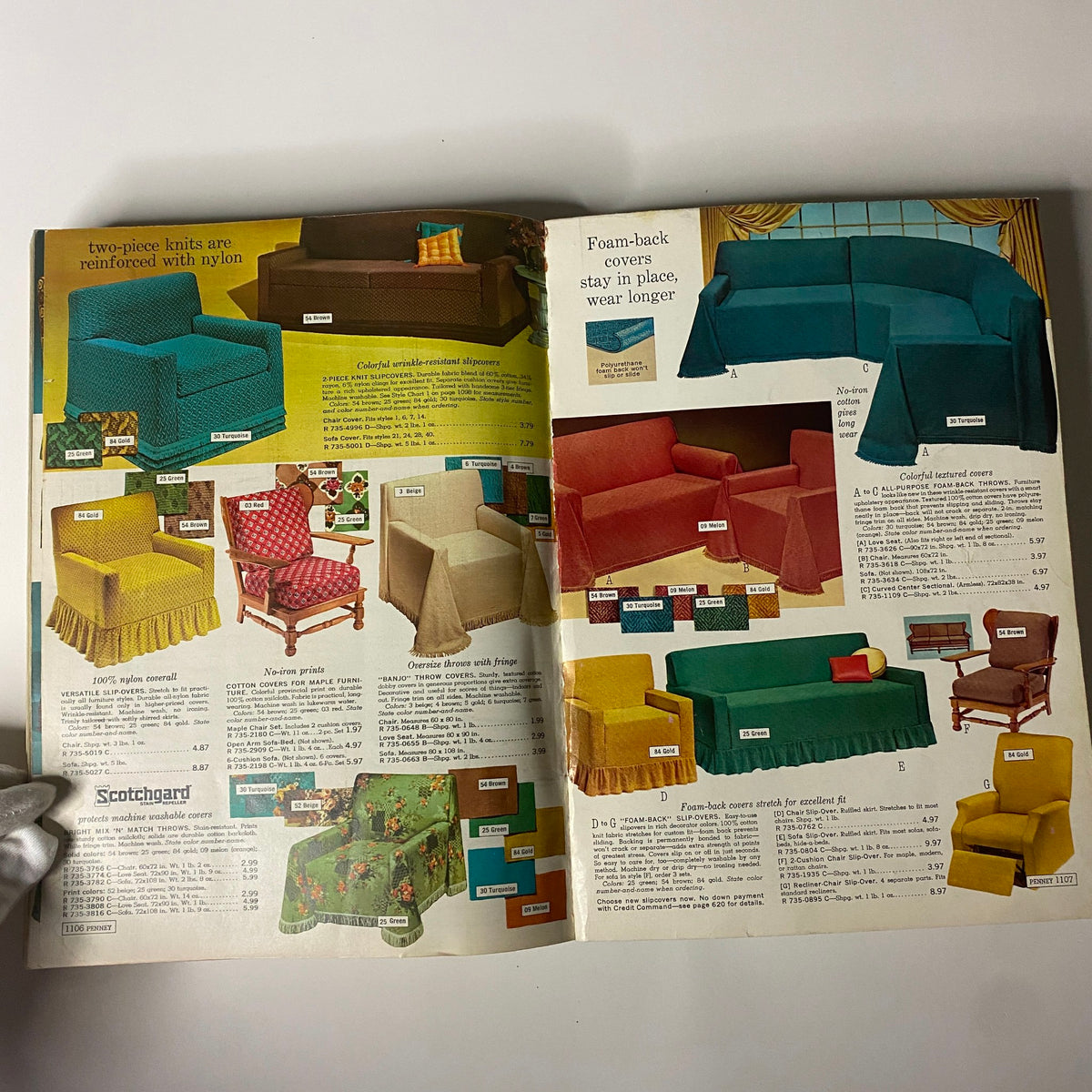 Another colorful page from the 1965 JC Penneys Fall and Winter Store Catalog illustrating a range of slipcovers for furniture, including fabric options and pricing.