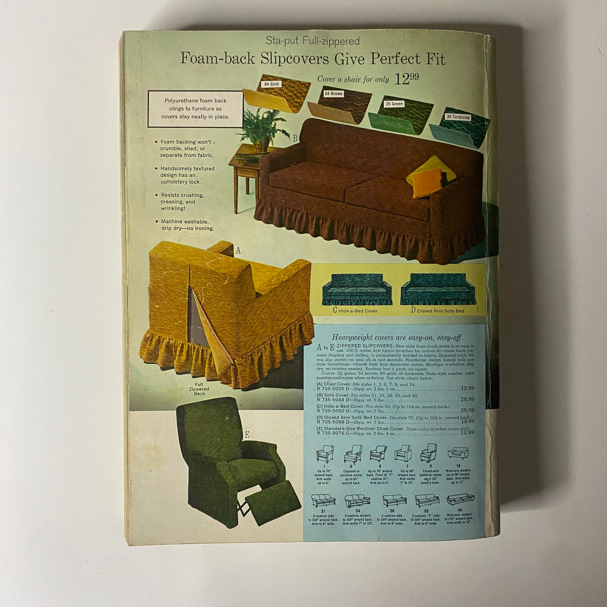 1965 JC Penneys Fall and Winter Store Catalog page showcasing Sta-put full-zippered foam-back slipcovers with detailed descriptions and illustrations of furniture slipcovers, emphasizing their perfect fit and machine washability for home decor.