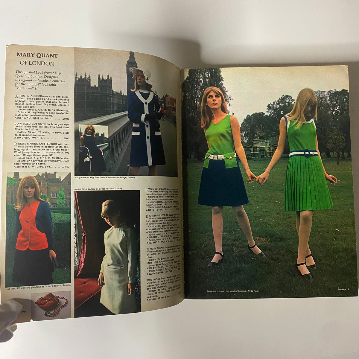 Interior page from the 1966 Penneys, J.C. Penney Co. Inc. Spring and Summer Store Catalog featuring models wearing stylish Mary Quant dresses against a backdrop of iconic British architecture.