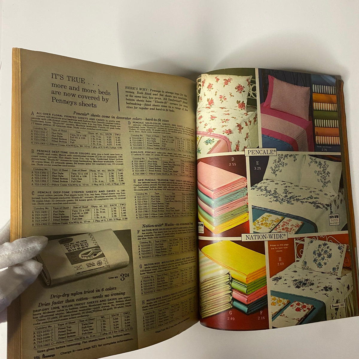 1966 Penneys, J.C. Penney Co. Inc. Spring and Summer Store Catalog with bedding options on display, including printed sheets and cases, highlighting 1960s home decor.
