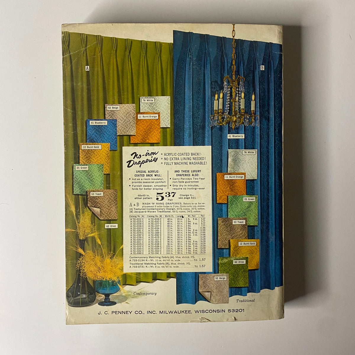 1966 Penneys, J.C. Penney Co. Inc. Spring and Summer Store Catalog back cover featuring colorful drapery samples with pricing, illustrating mid-century home textiles.