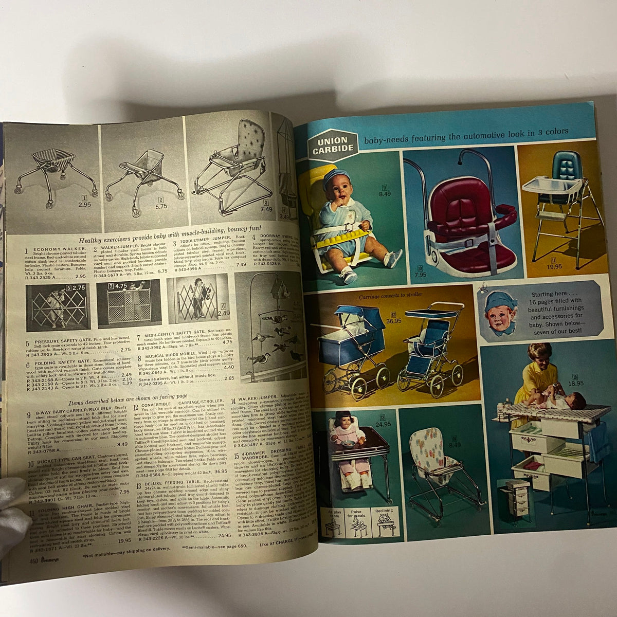 1966 JC Penneys Fall and Winter Store Catalog featuring baby products and accessories, including strollers, high chairs, and exercise walkers for infants.