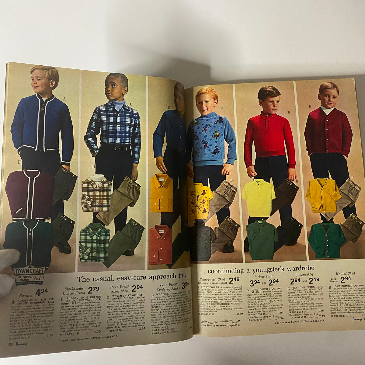 1966 JC Penneys Fall and Winter Store Catalog page featuring a variety of children's casual shirts and pants, showcasing colorful styles and prices.