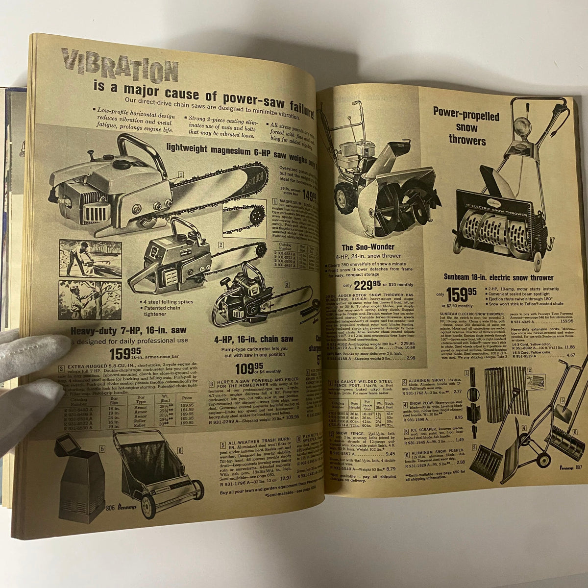 1966 JC Penneys Fall and Winter Store Catalog page showing outdoor tools and equipment, featuring chainsaws and snow throwers with product descriptions and prices.