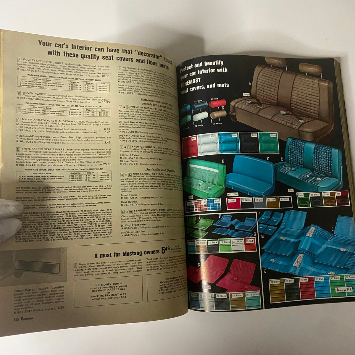 Image from the 1966 JC Penneys Fall and Winter Store Catalog displaying a variety of car seat covers and floor mats, highlighting automotive accessories of the 1960s.