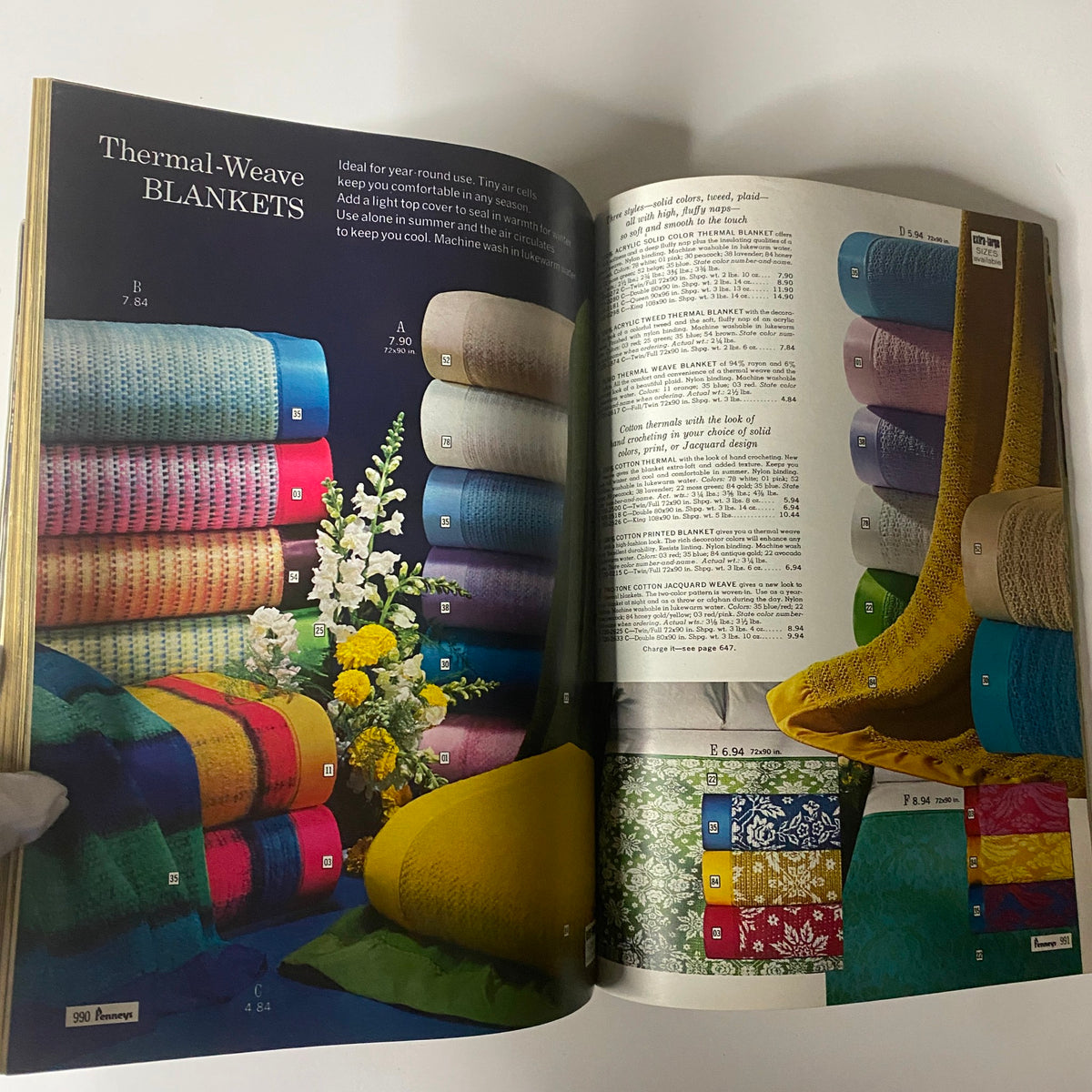 Image from the 1966 JC Penneys Fall and Winter Store Catalog presenting colorful thermal-weave blankets, featuring fabric options for seasonal comfort.