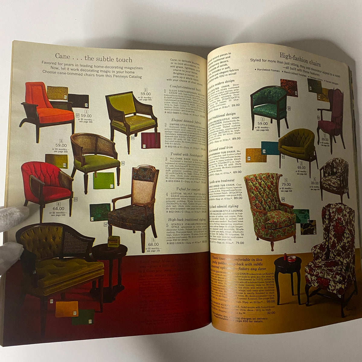 Image from the 1966 JC Penneys Fall and Winter Store Catalog showcasing styles of cane chairs and high-fashion seating options, reflecting vintage furniture trends.