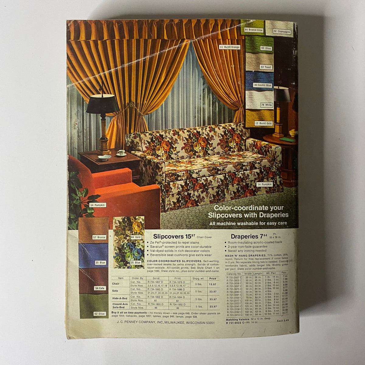 Image from the 1966 JC Penneys Fall and Winter Store Catalog featuring coordinating slipcovers and draperies, emphasizing home decor aesthetics of the 1960s.