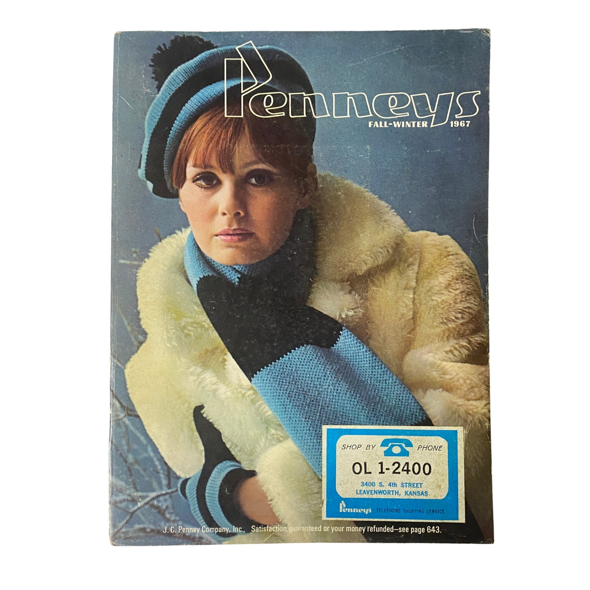 Cover of the 1967 JC Penneys Fall and Winter Store Catalog featuring a model in a stylish winter outfit with a fur coat, blue and black accessories, highlighting retro fashion trends.