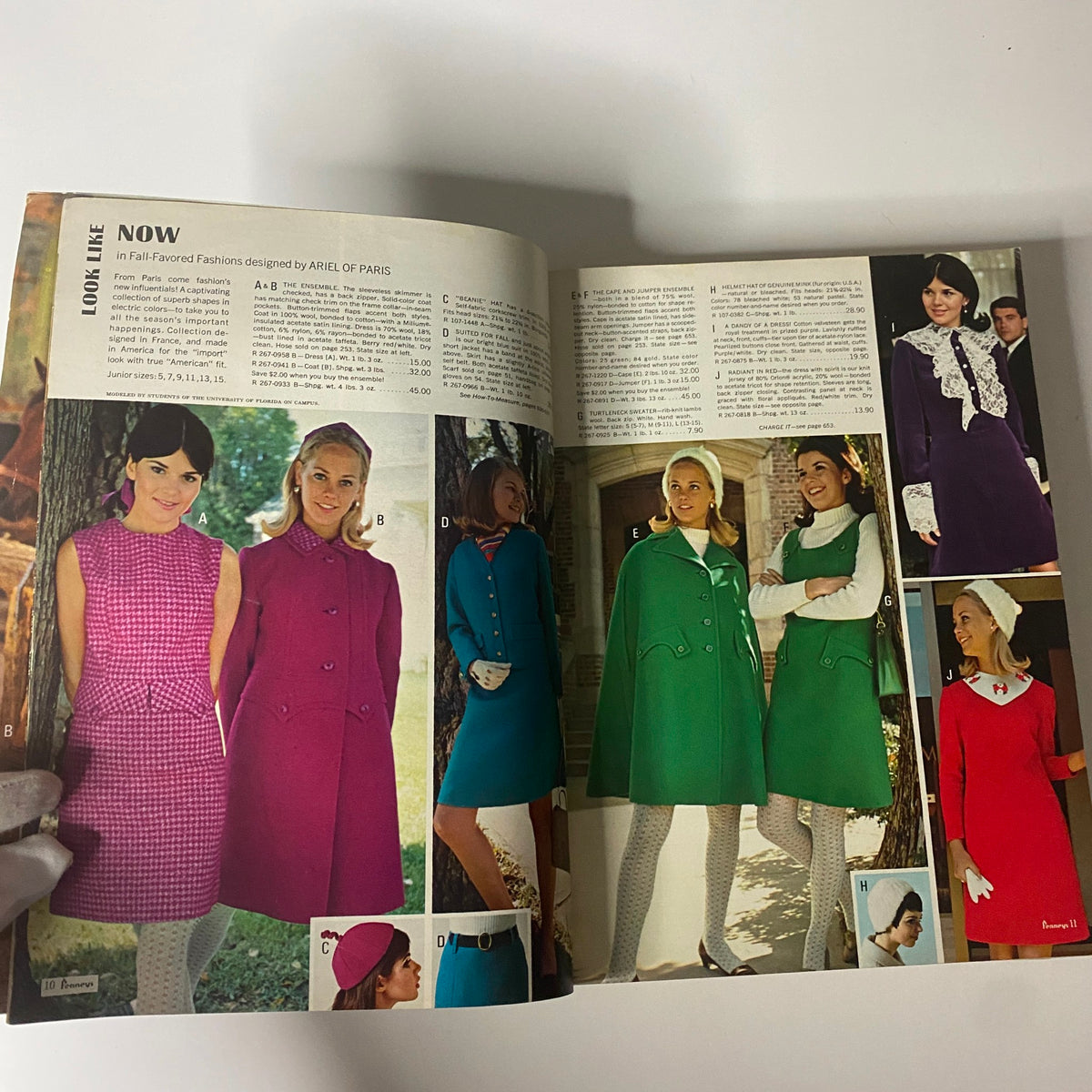 1967 JC Penneys Fall and Winter Store Catalog showcasing stylish women's fall fashion including colorful dresses and coats, designed by Ariel of Paris.