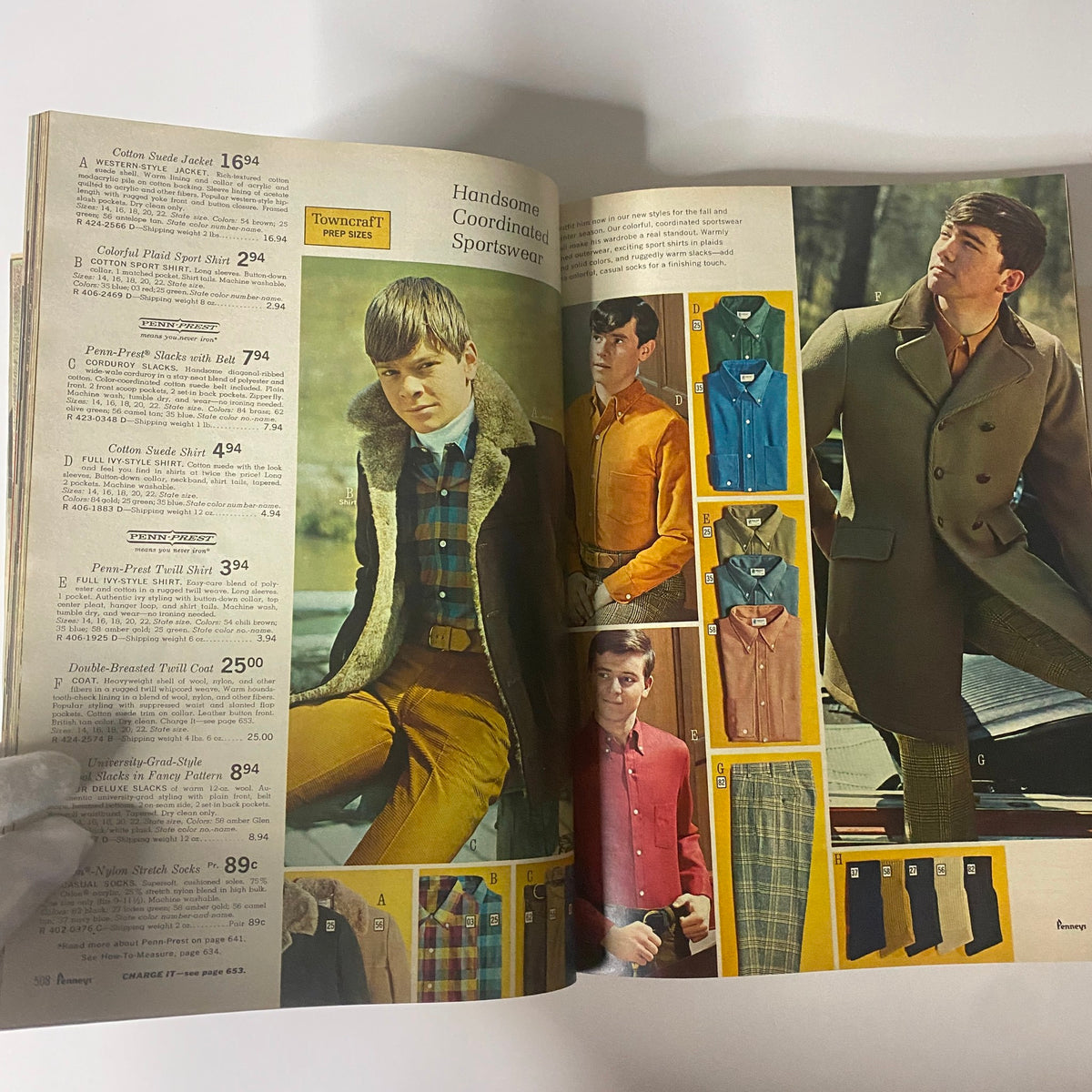1967 JC Penneys Fall and Winter Store Catalog displaying young men in coordinated sportswear, featuring fall fashion, including a cotton suede jacket and colorful shirts, epitomizing late 1960s style.