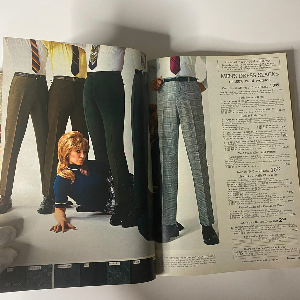 1967 JC Penneys Fall and Winter Store Catalog featuring a model showcasing men's dress slacks, highlighting a variety of styles and patterns, reflective of mid-20th century fashion trends.