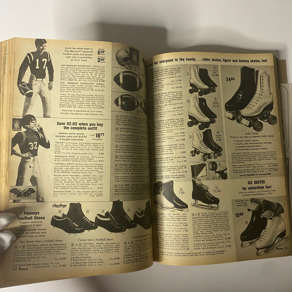 1967 JC Penneys Fall and Winter Store Catalog displaying athletic gear, including football uniforms and roller skates, portraying the diverse sports and recreational activities popular during the era.