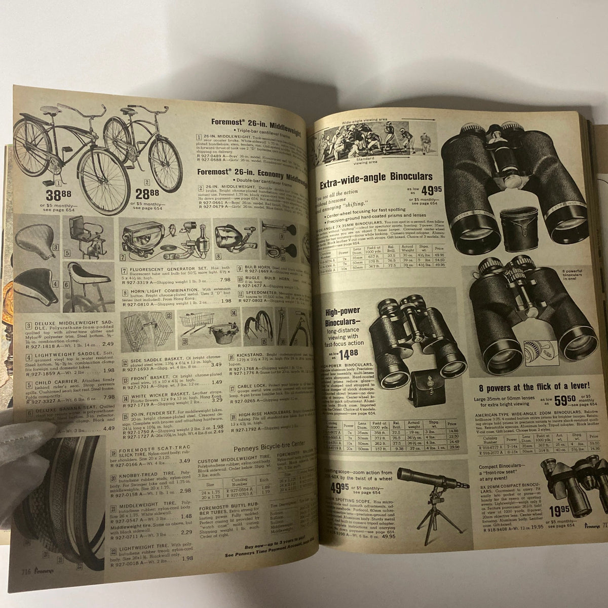 1967 JC Penneys Fall and Winter Store Catalog presenting bicycles and binoculars, illustrating leisure products available at the time, along with detailed pricing, capturing mid-century consumer culture.