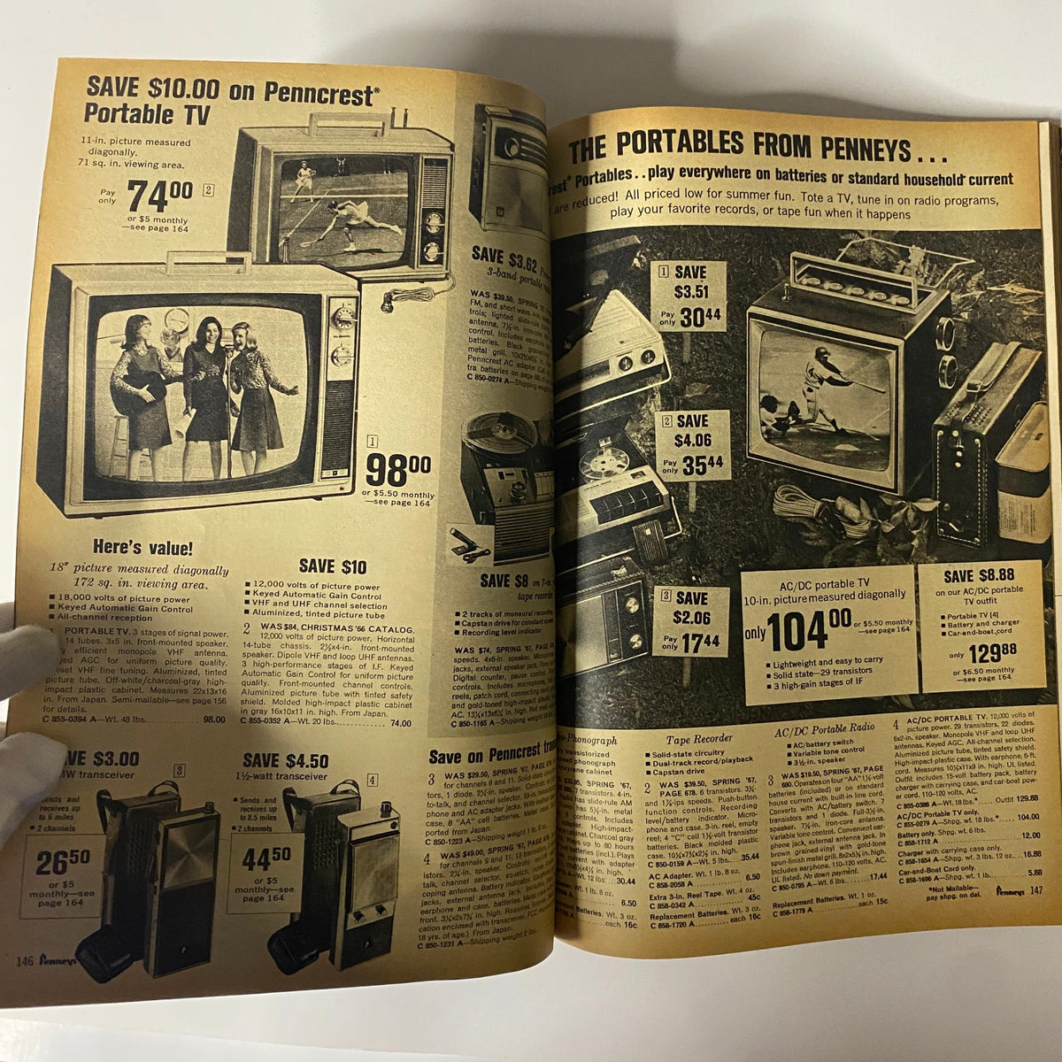 1967 JC Penneys Summer Store Catalog emphasizing portable TVs with price listings and product descriptions, reflecting the electronic gadgets popular in the 1960s.