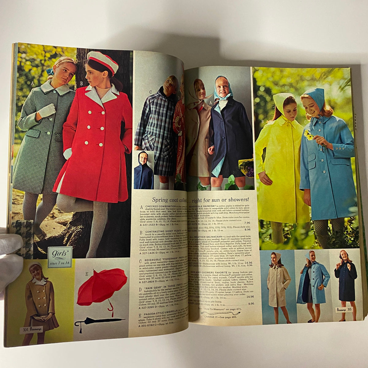 1967 JC Penneys Spring and Summer Store Catalog displaying spring coats for girls, featuring colorful and chic designs appropriate for sunny or rainy weather.